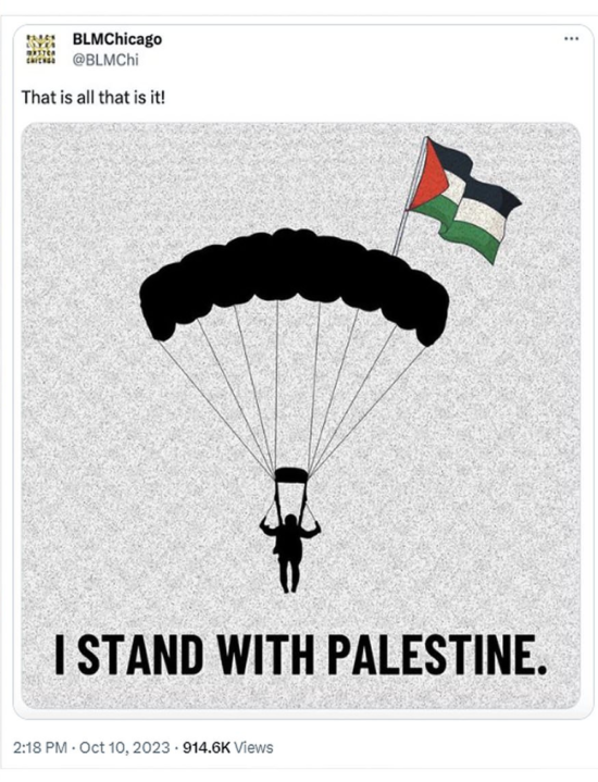 A BLM (Black Lives Matter) chicagói szervezete támogatja Palesztinát a Hamász terroristájához hasonló siklóernyős képével, mint a rave fesztiválra érkező terroristák, akik 200 embert lemészároltak. | Daily Mail Online